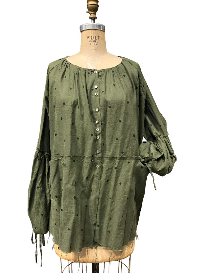Blouse with Balloon Sleeves (Linen) - Olive/Black Polka Dot