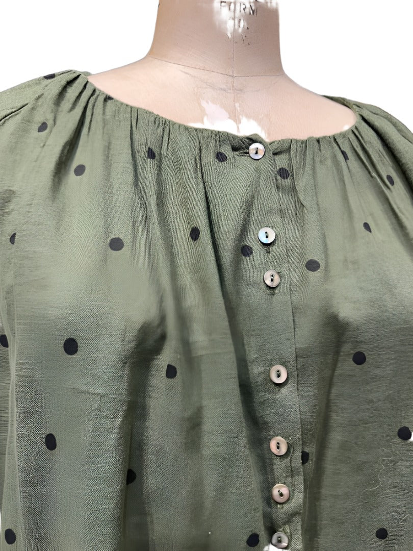 Blouse with Balloon Sleeves (Linen) - Olive/Black Polka Dot