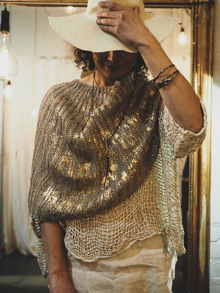 Linen hand knit shrug with foil print - Natural
