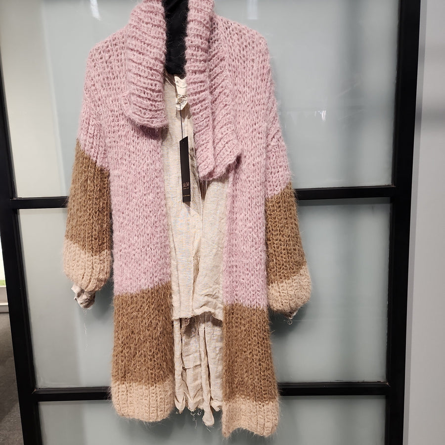 Shawl Collar Handknit Cardigan - Tri Colour Pinks