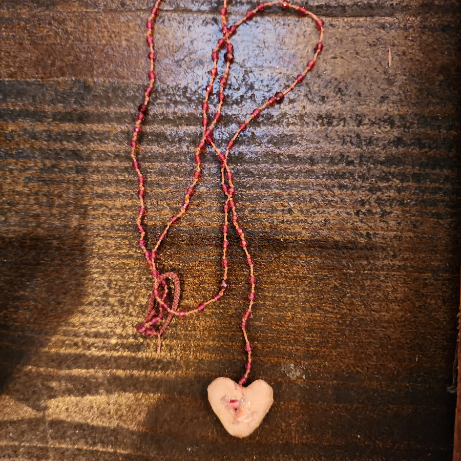 Embroidered Heart on a string of semi precious stones by Antonia Rossi - Reds