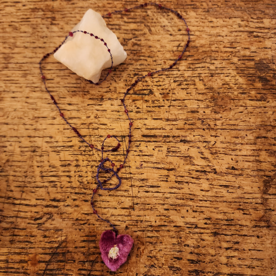 Embroidered Heart on a string of semi precious stones by Antonia Rossi - Reds