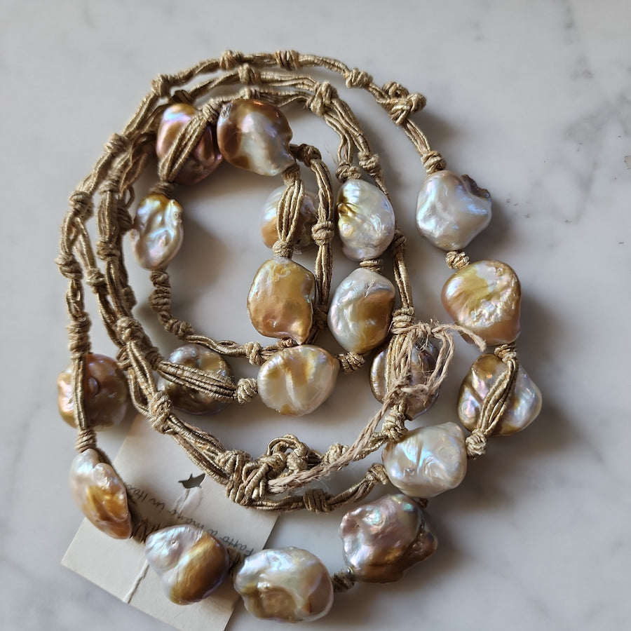 Mela multi pearl necklace on silk thread - golden coin pearls