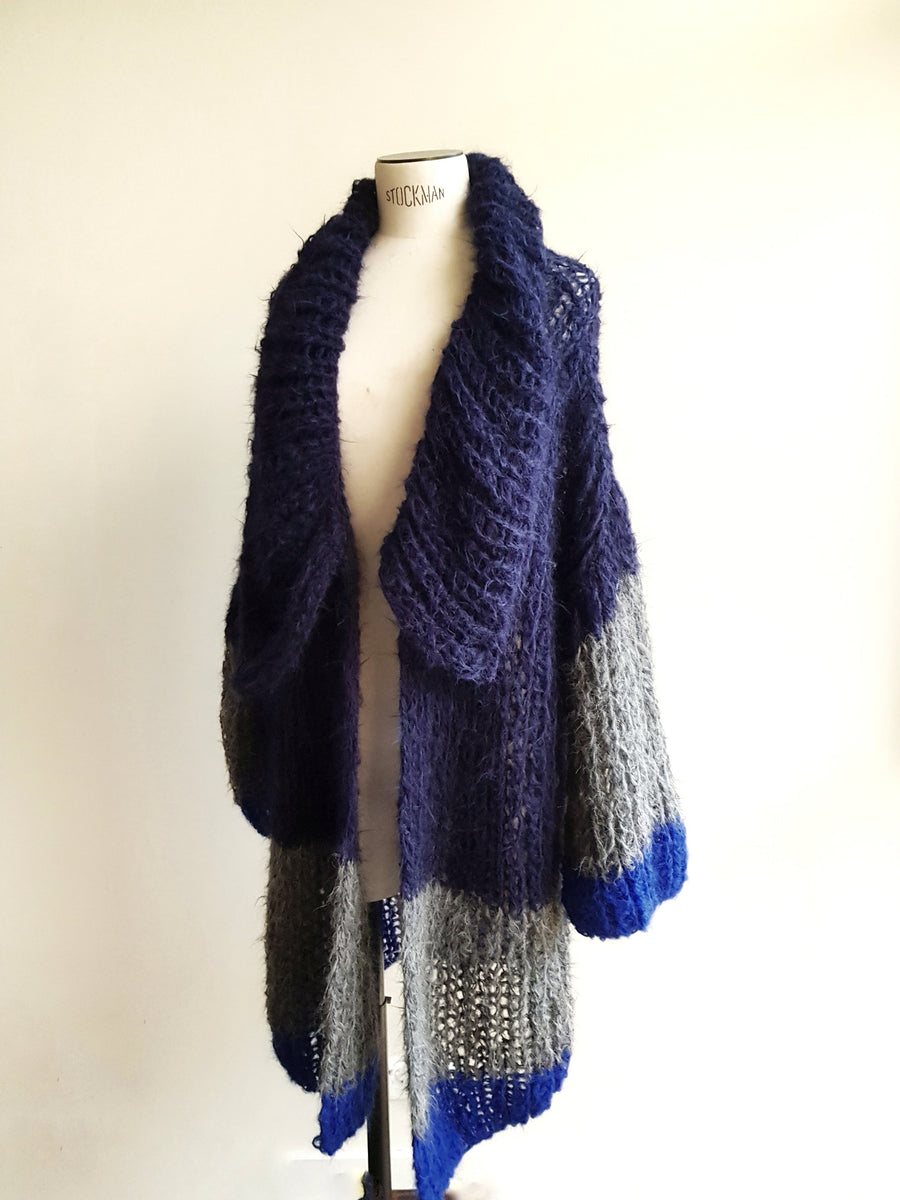 Shawl Collar Handknit Cardigan (Alpaca) - Tri Colour Blues