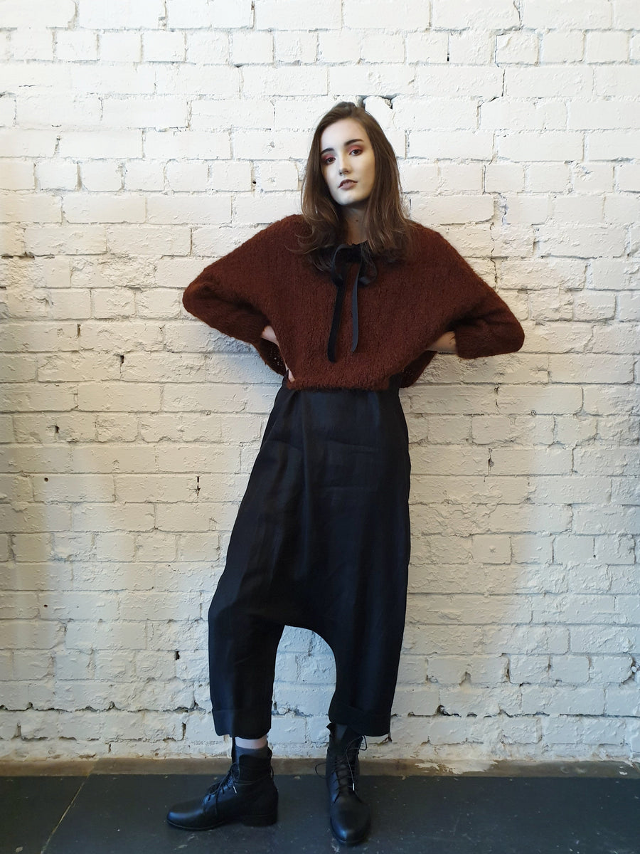 Hand Knit Batwing Sweater With Tie Back (Alpaca) - Red