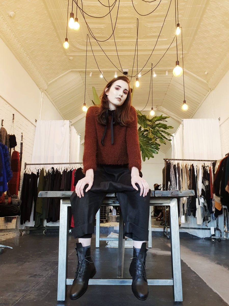Hand Knit Batwing Sweater With Tie Back (Alpaca) - Cognac