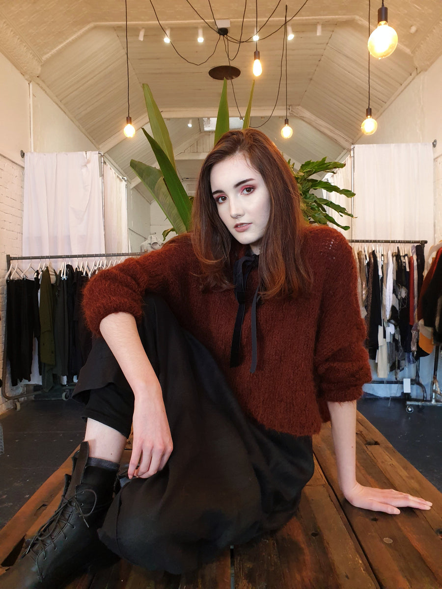 Hand Knit Batwing Sweater With Tie Back (Alpaca) - Red