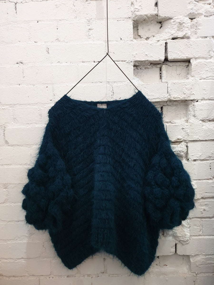 Hand Crochet Bluson With Pompom Sleeves (Alpaca) - Navy