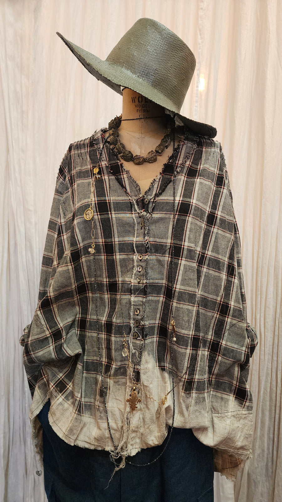 Pin-tuck oversize Shirt (Linen) Acid wash Tartan check