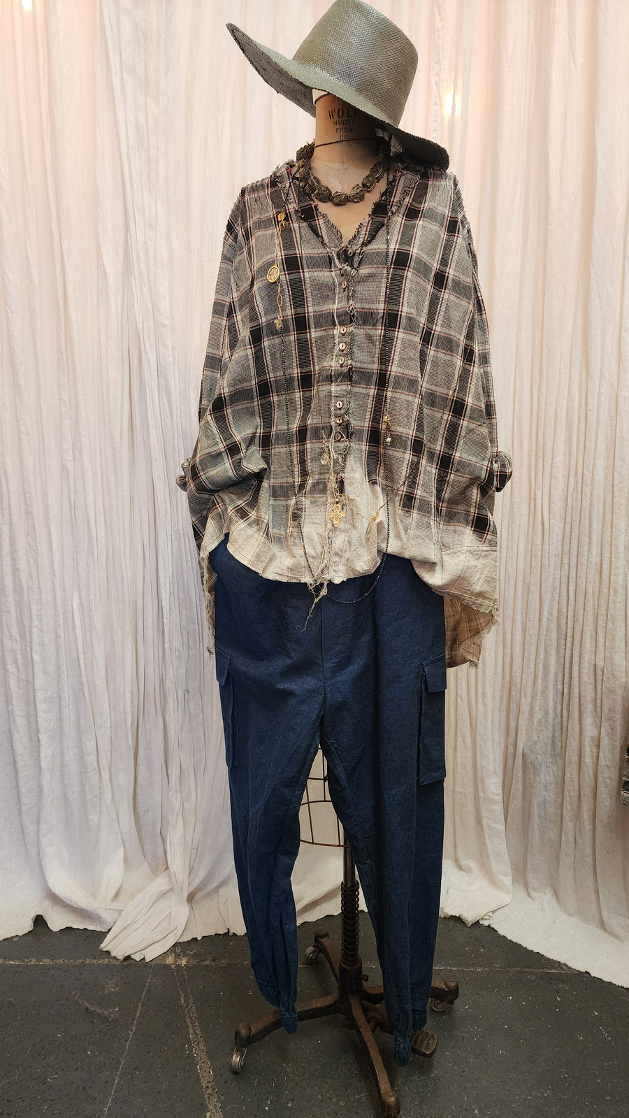 Pin-tuck oversize Shirt (Linen) Acid wash Tartan check