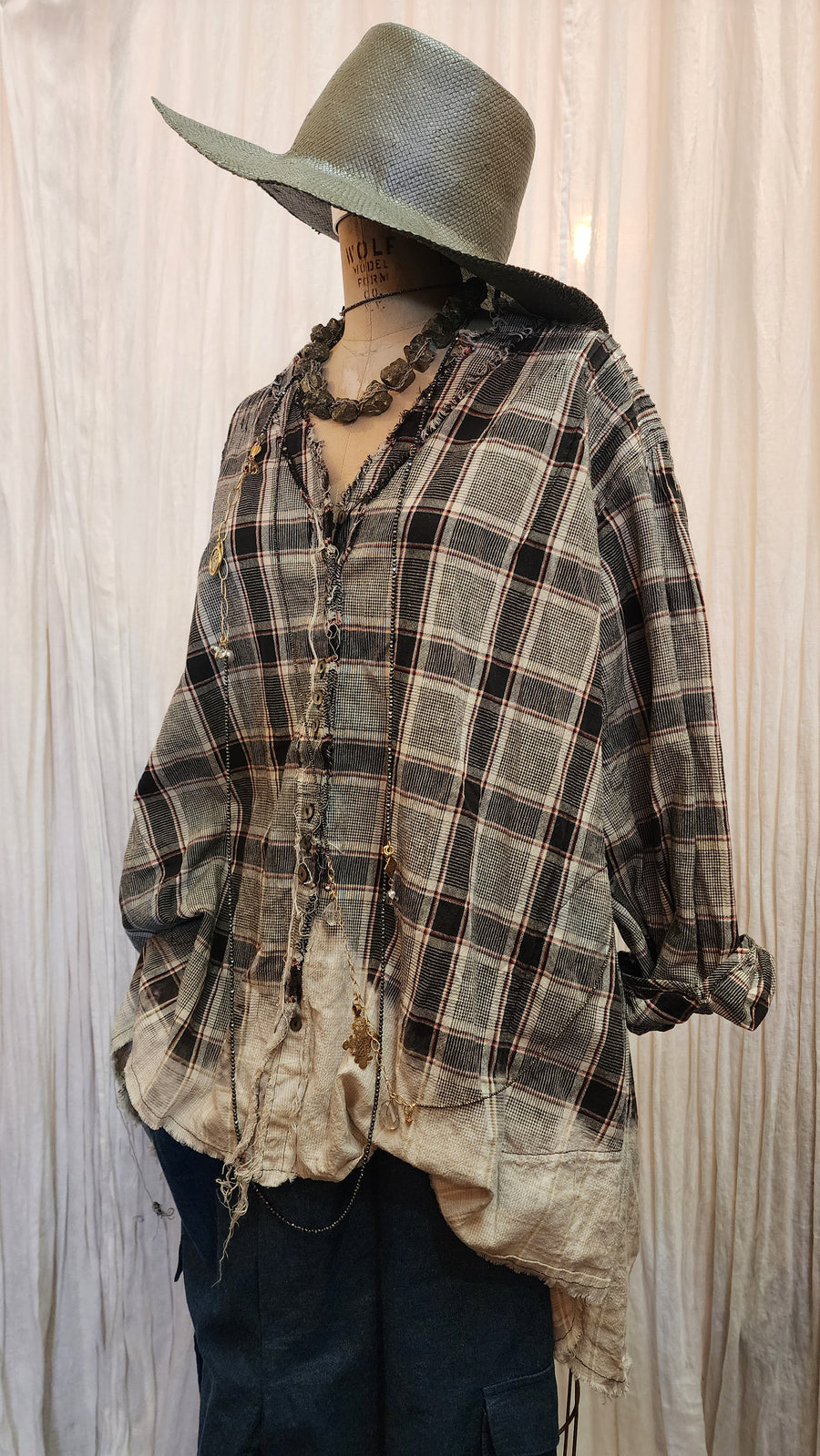 Pin-tuck oversize Shirt (Linen) Acid wash Tartan check