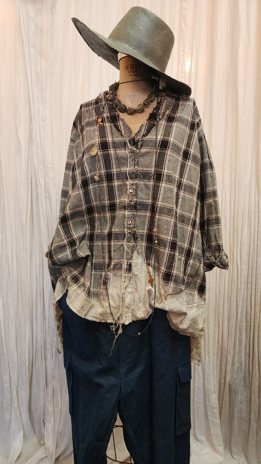 Pin-tuck oversize Shirt (Linen) Acid wash Tartan check