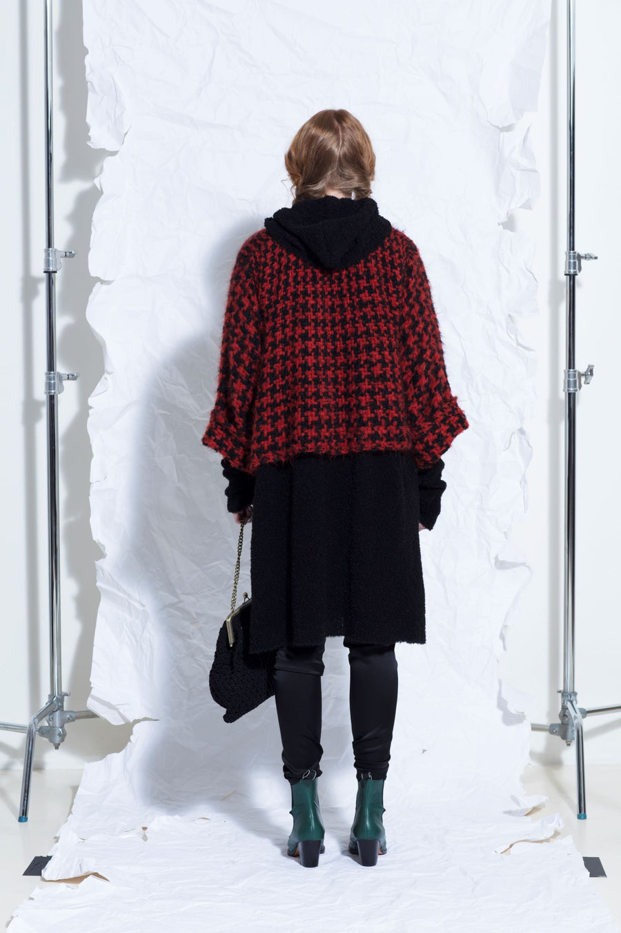 Alpaca hounds-tooth swing jacket red-black