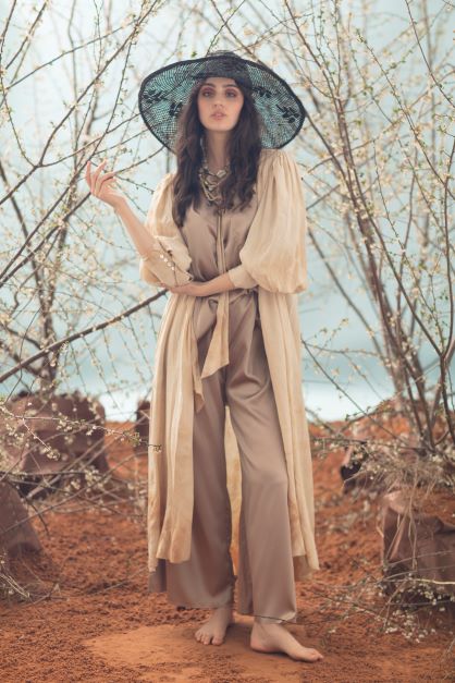 Button Through Shirt Dress W/ Neck Tie And Cuffs (Silk) - Tea Stain