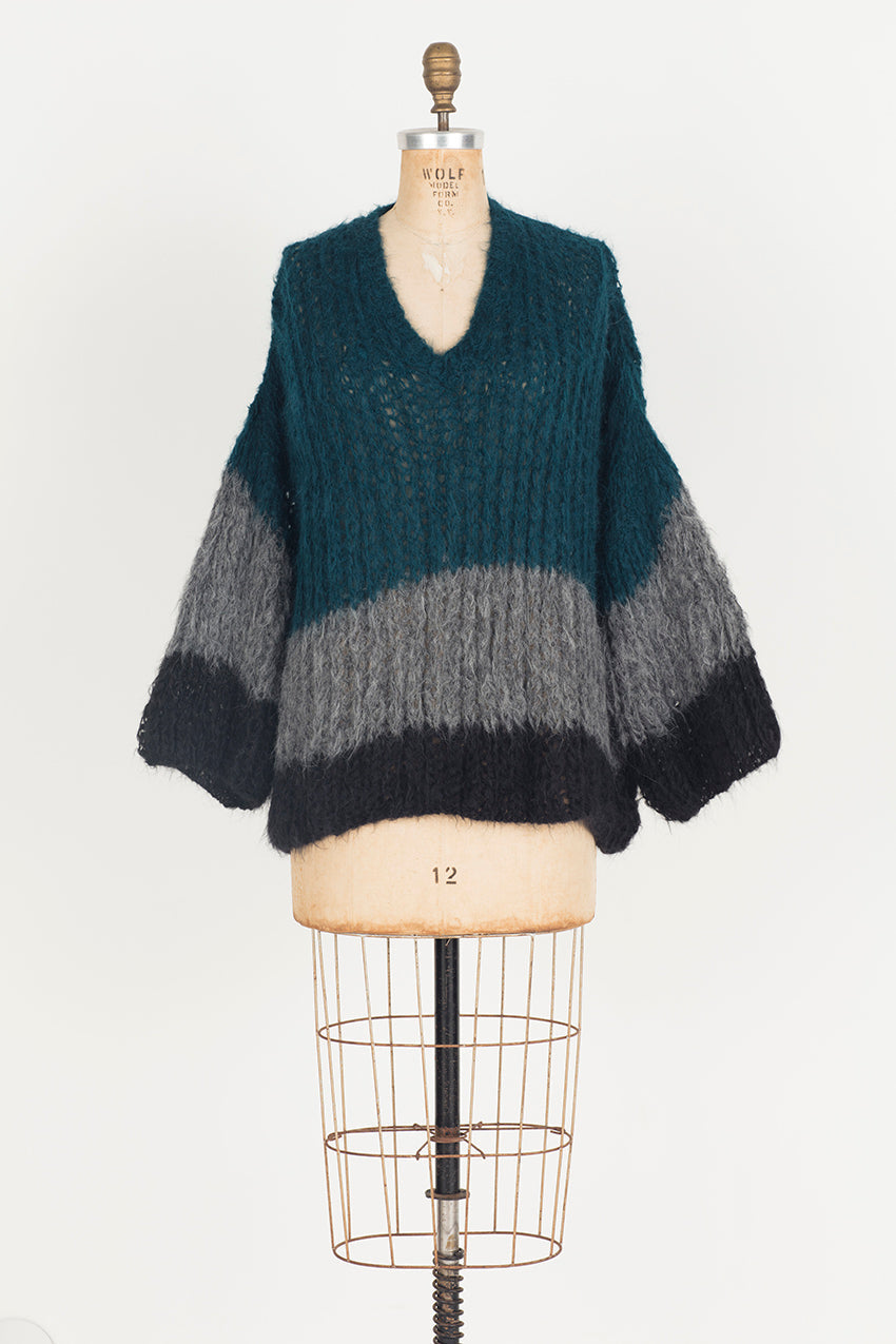 Hand Knit V Neck Sweater (Alpaca) Tri Stripe Ocean / Charcoal