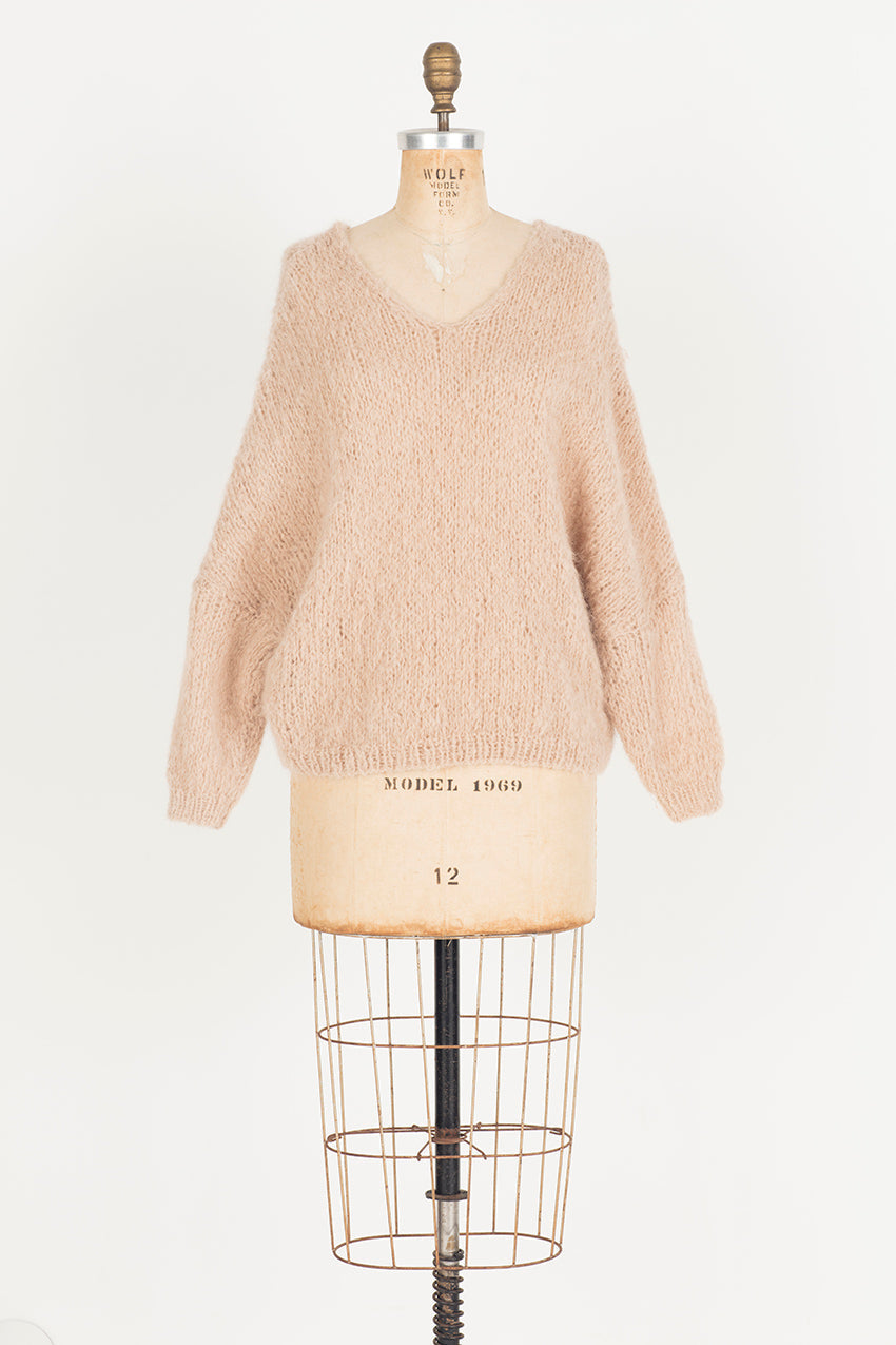 Hand Knit Batwing Sweater V Neck (Alpaca) - Camel