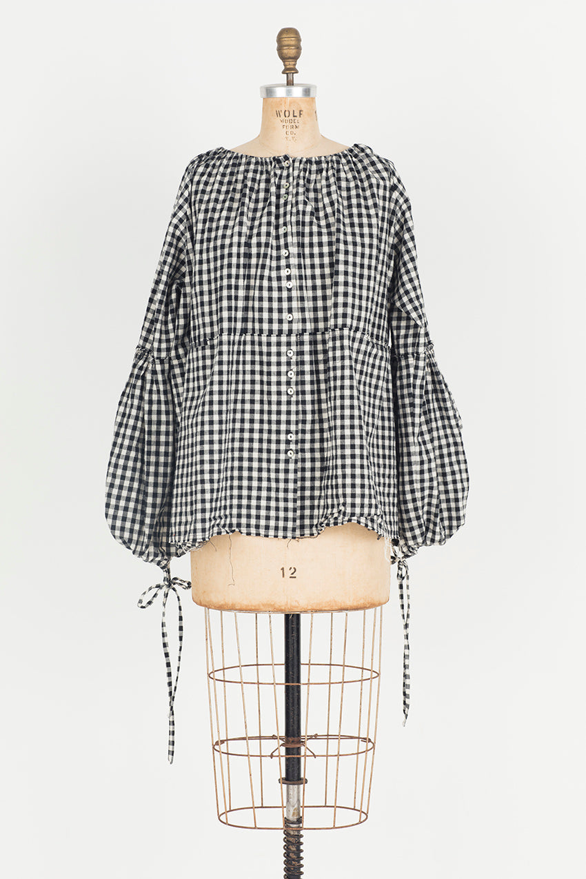 Blouse with Balloon Sleeves (Linen) - gingham