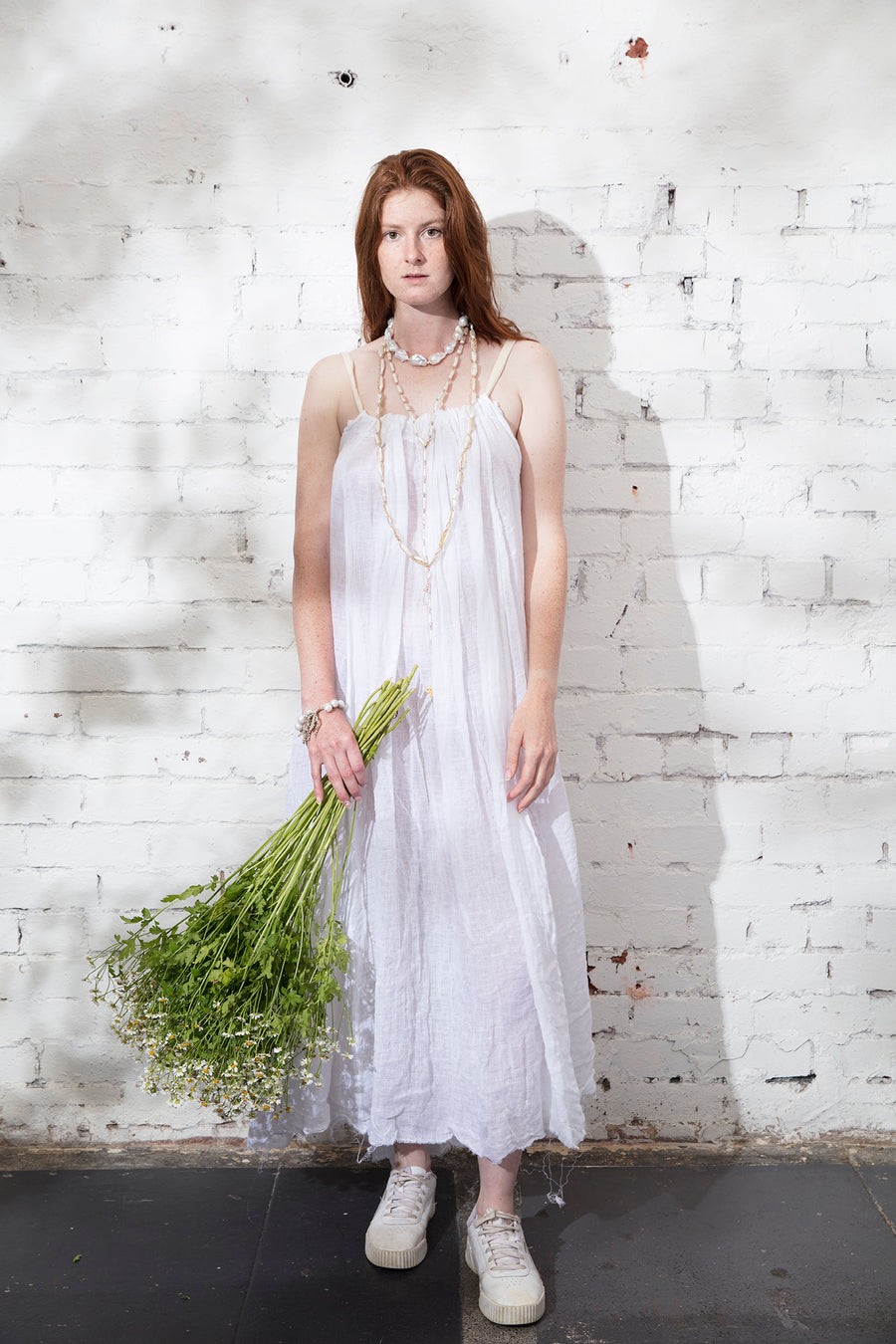 maxi dress with ribbon ties (Linen Gauze) - white