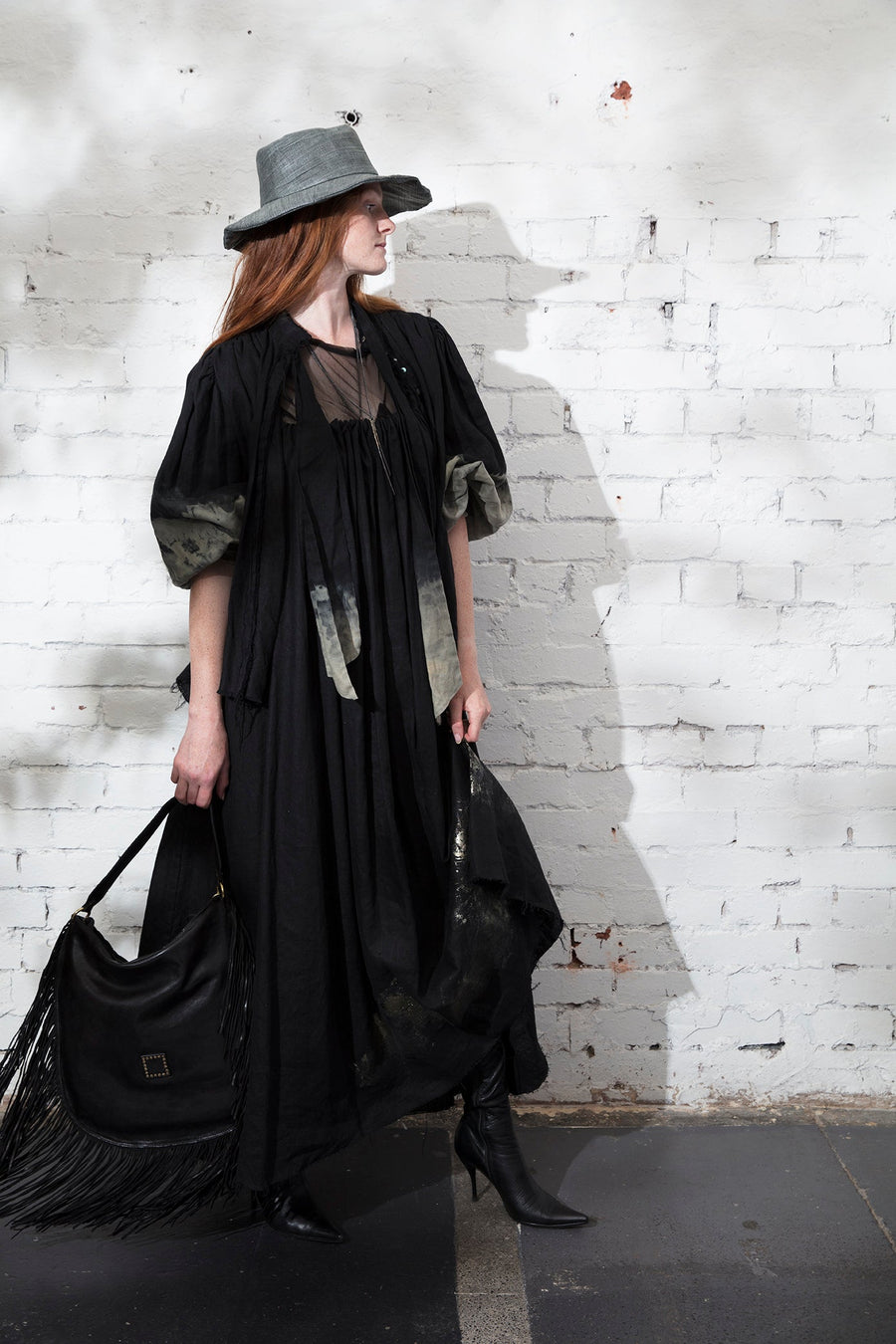 Button Through Neck Tie Blouse / Jacket (Linen) - Black Acid