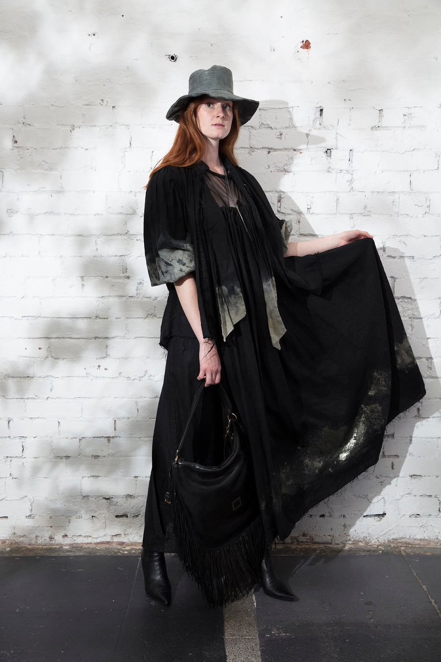 Button Through Neck Tie Blouse / Jacket (Linen) - Black Acid