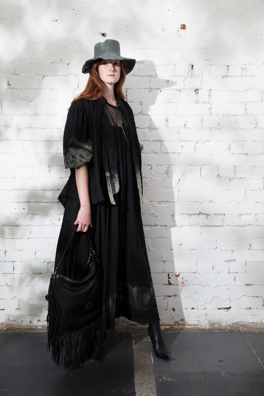 Button Through Neck Tie Blouse / Jacket (Linen) - Black Acid