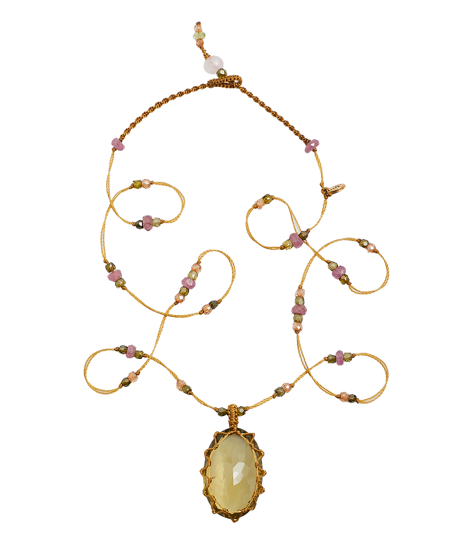 Long Tibetan Necklace - Olive Quartz