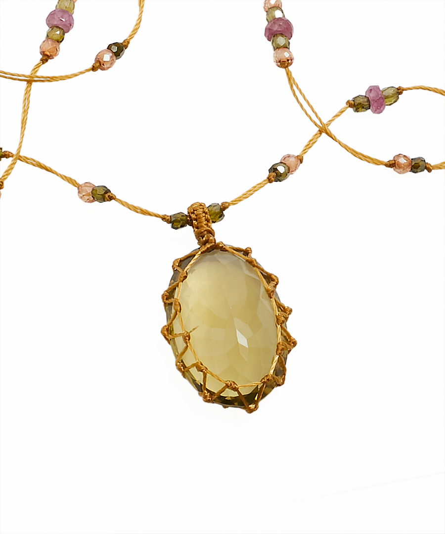 Long Tibetan Necklace - Olive Quartz