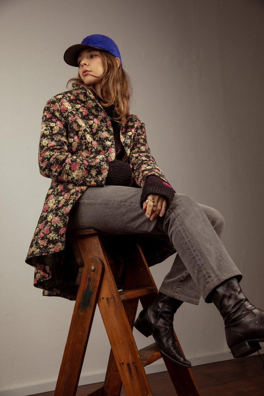 Long Line Tux Jacket - Floral, Acid Washed