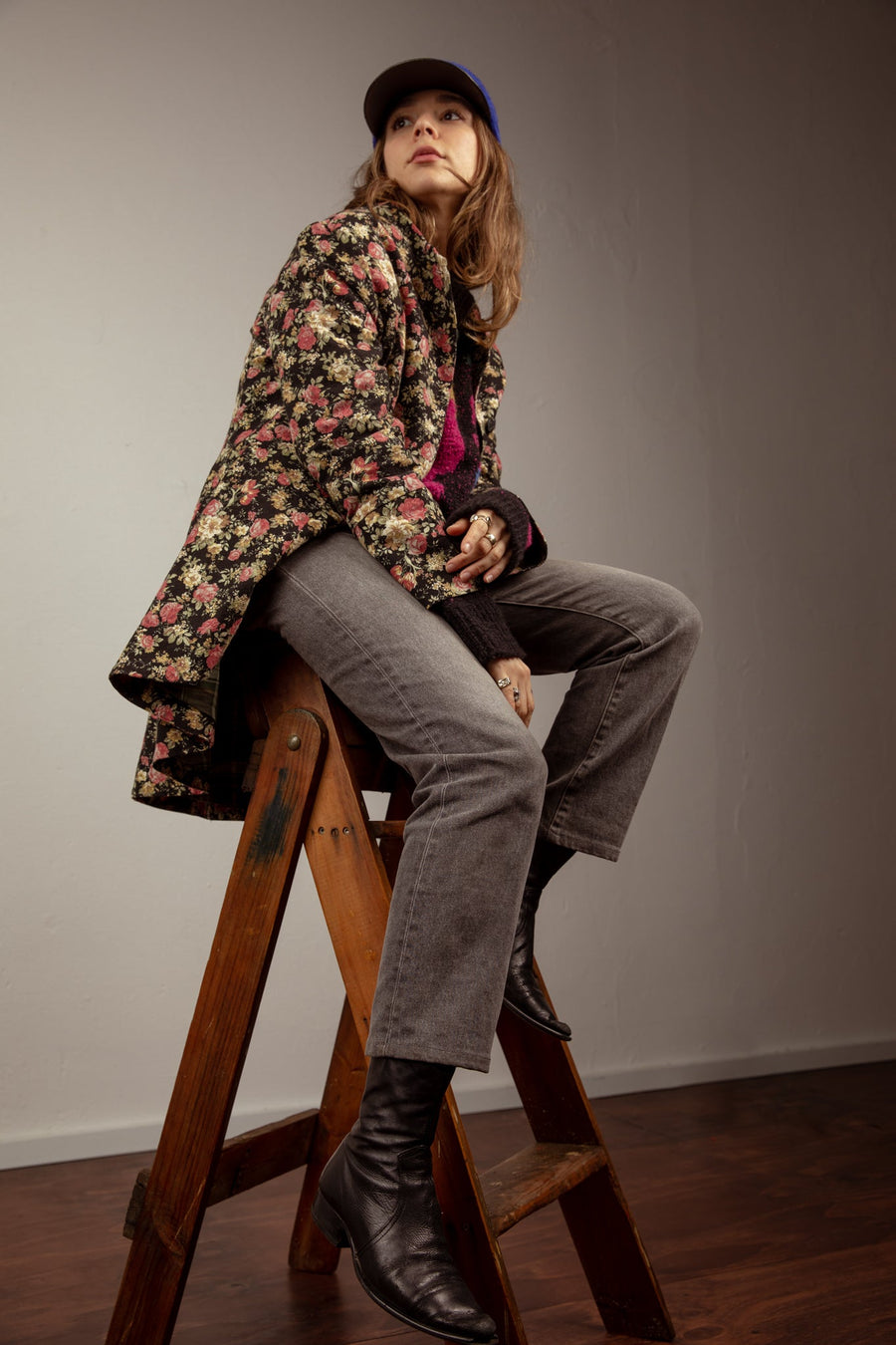Long Line Tux Jacket - Floral, Acid Washed