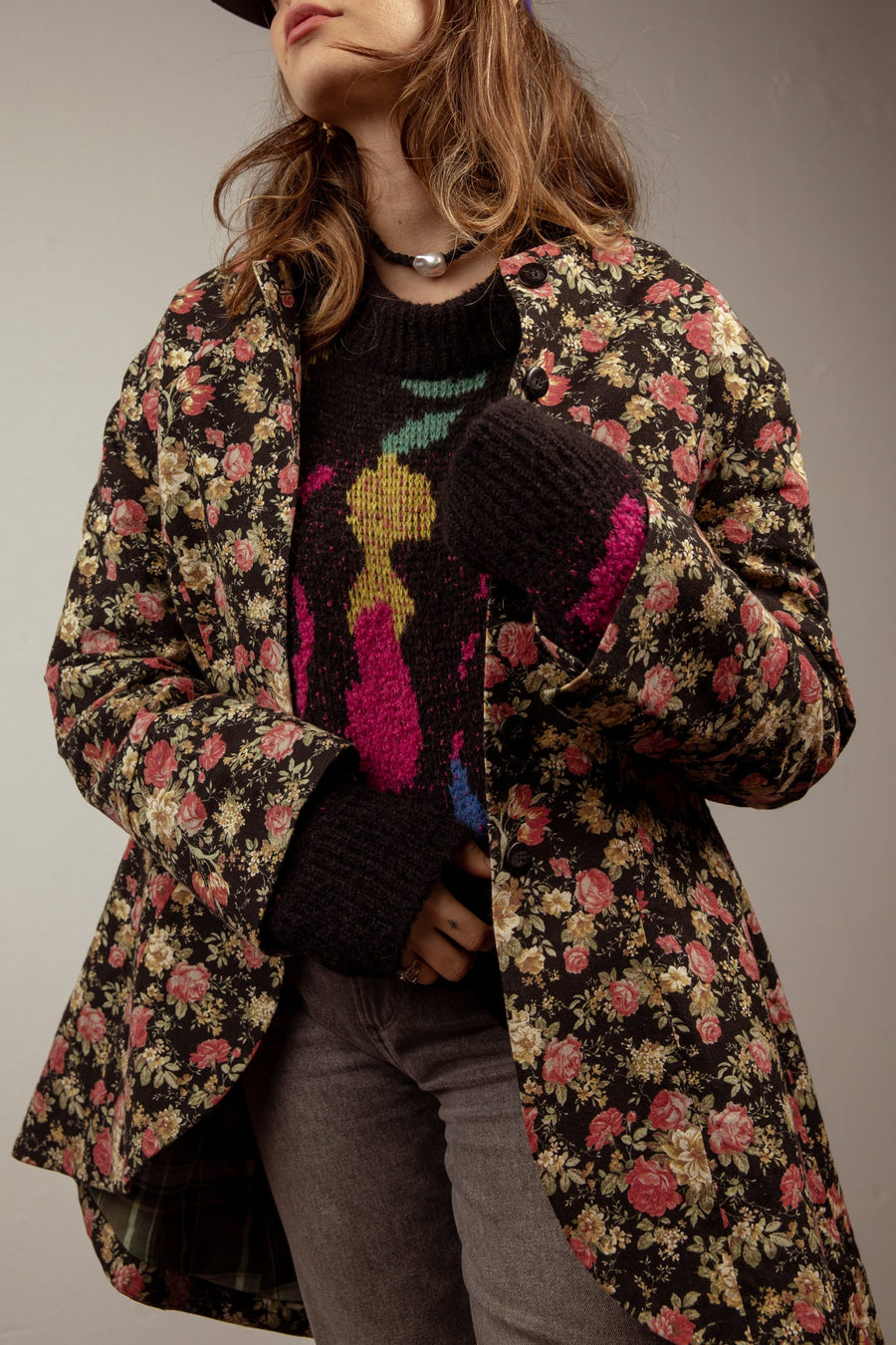 Long Line Tux Jacket - Floral, Acid Washed