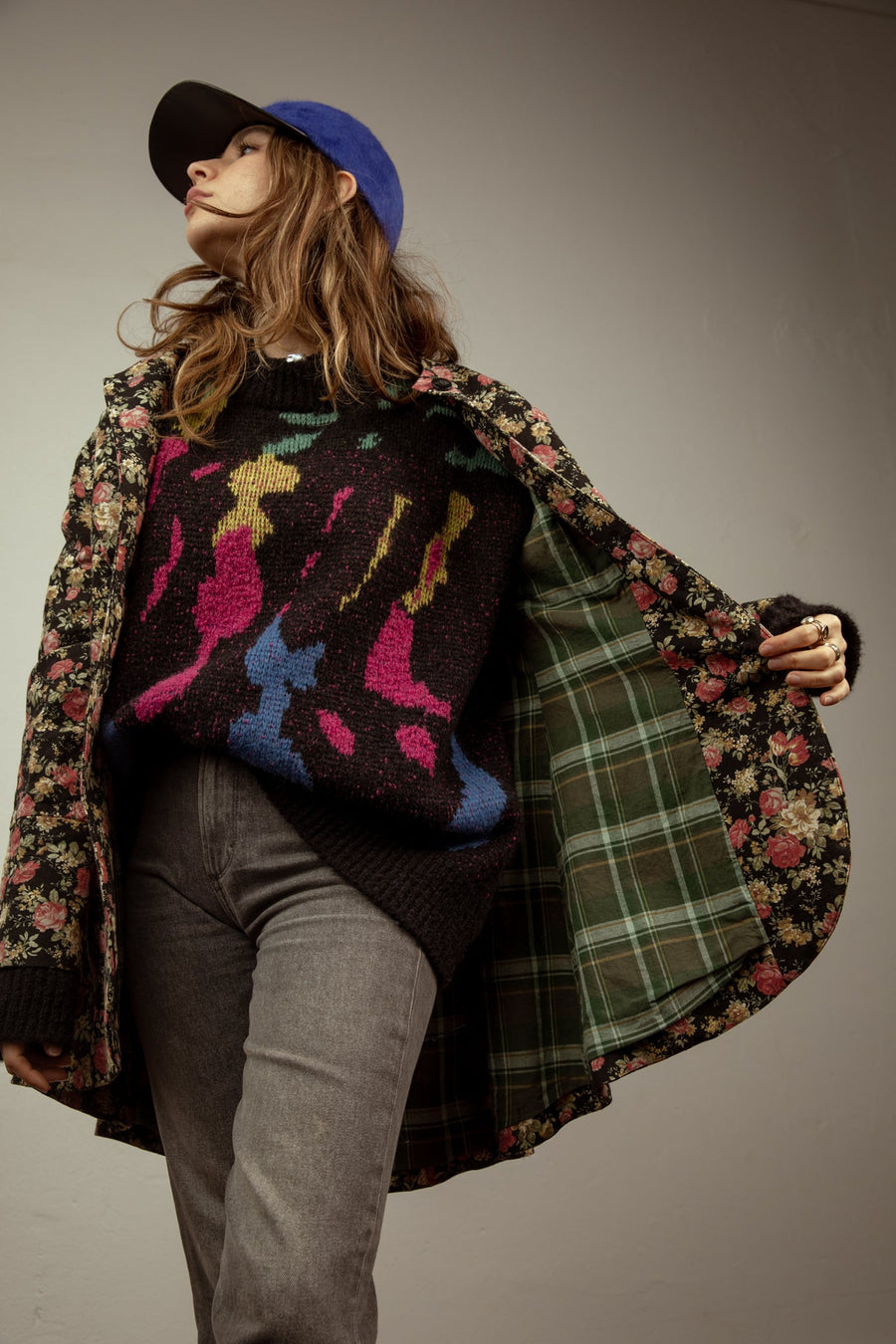Long Line Tux Jacket - Floral, Acid Washed