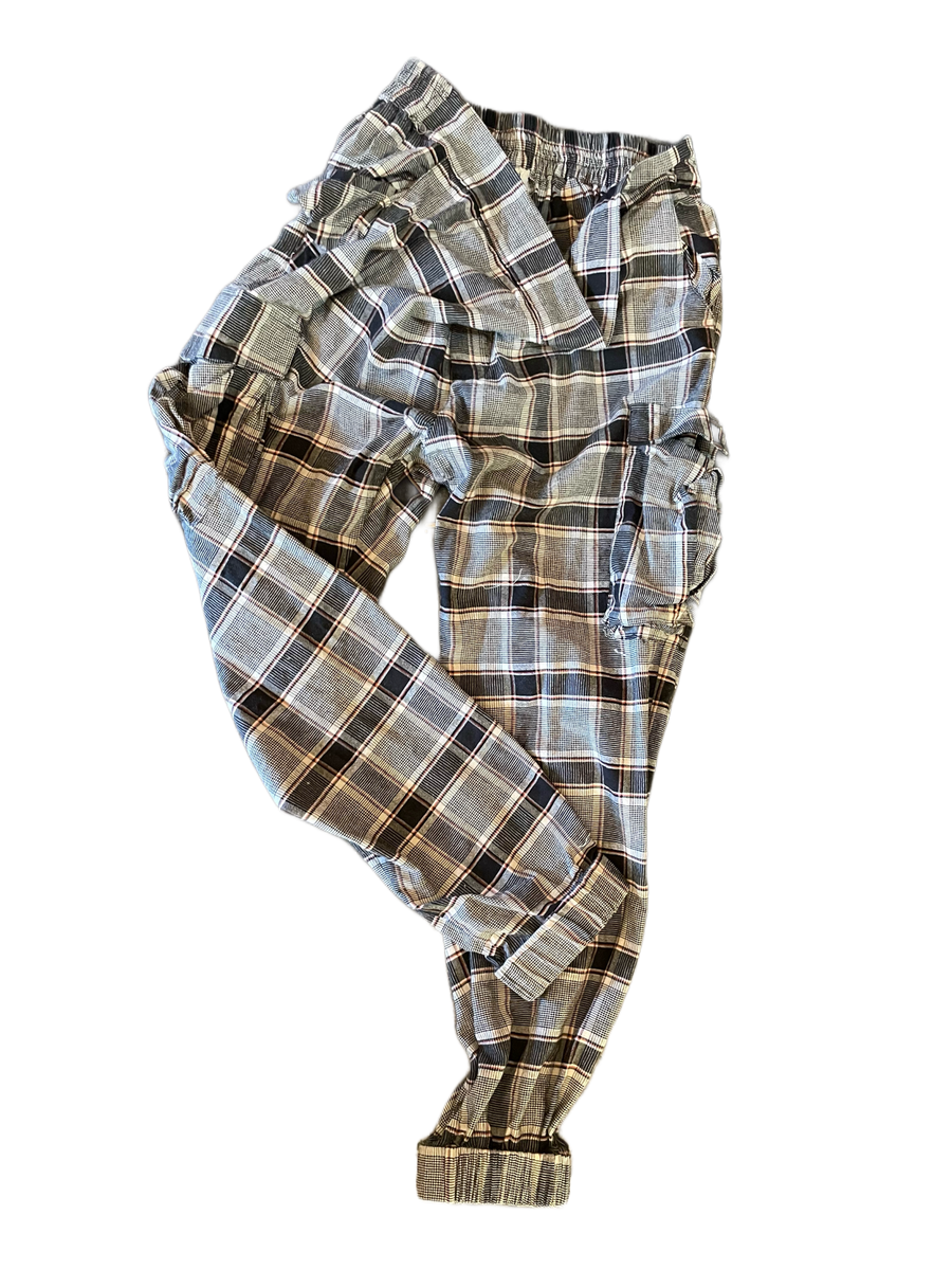 Cargo style pant with elasticated waistband - Linen tartan checks