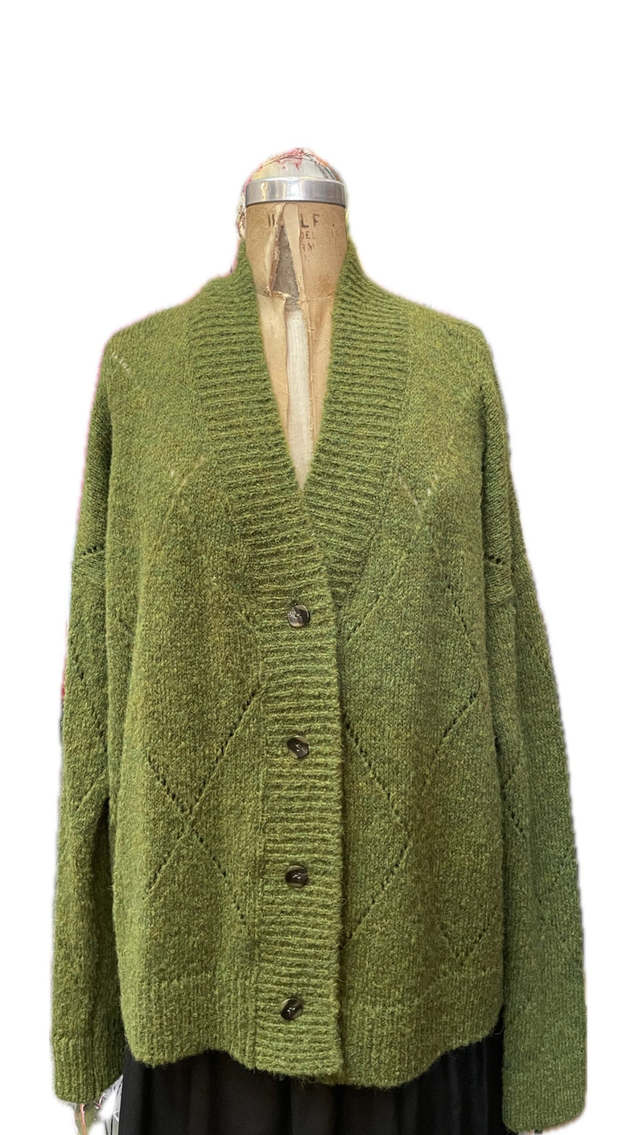 Argyle Eyelet Grandpa Cardigan  (Alpaca) - Duck Egg