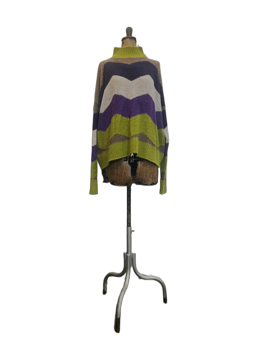 Amano Chevron alpaca knit sweater - Purple/Oat/Chartreuse