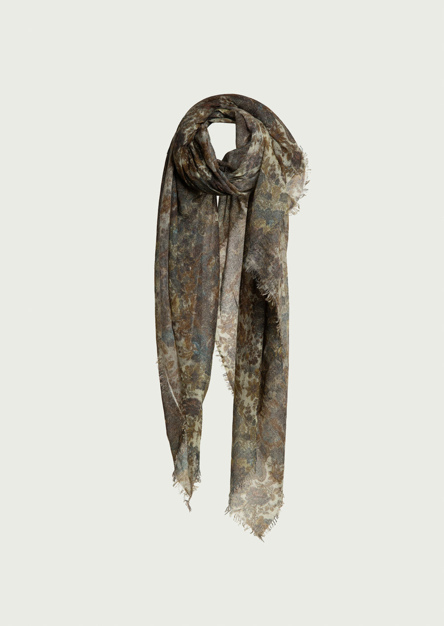 Soho Flower Print Woven Shawl (Baby Cashmere) Khaki