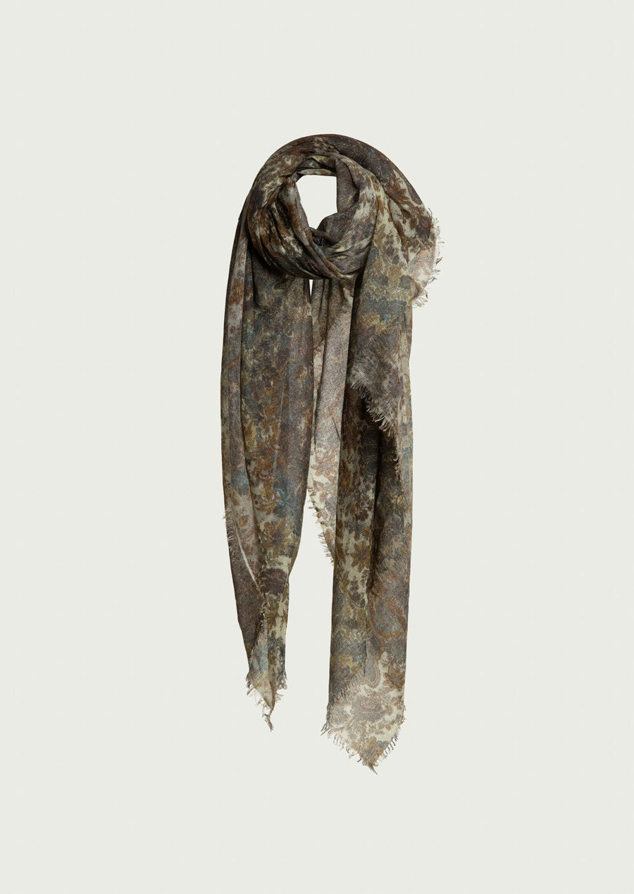 Soho Flower Print Woven Shawl (Baby Cashmere) Khaki
