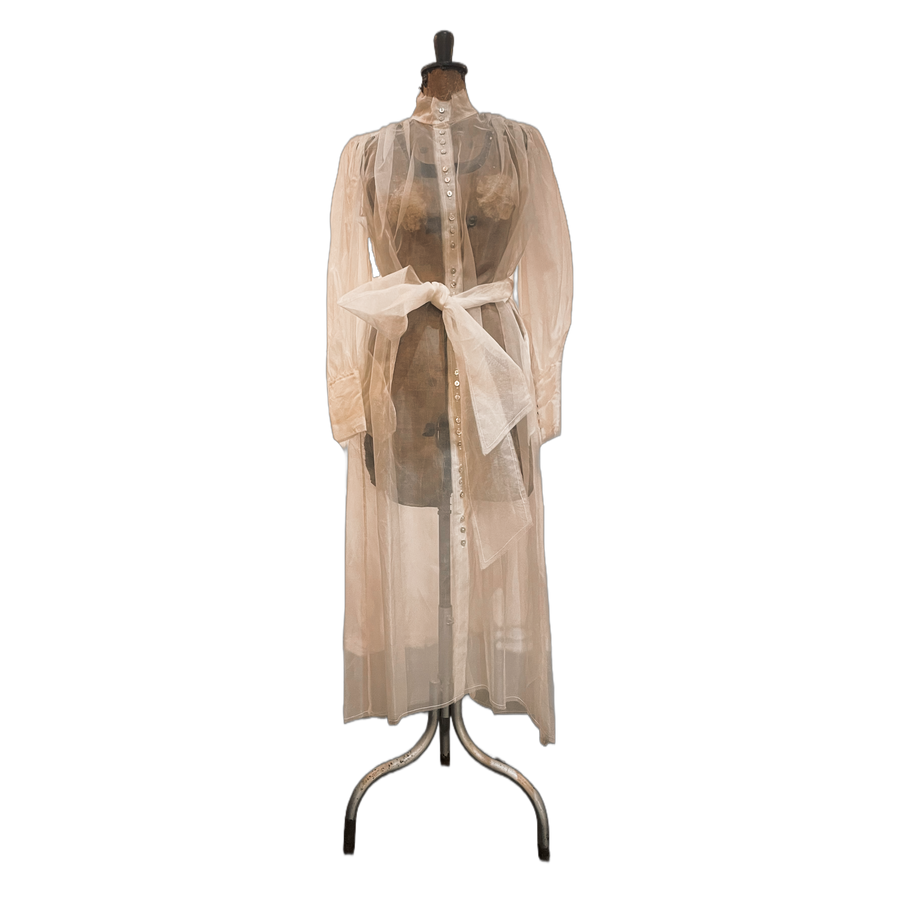 Silk Organza button through shirt dress with neck tie and cuffs - Snow