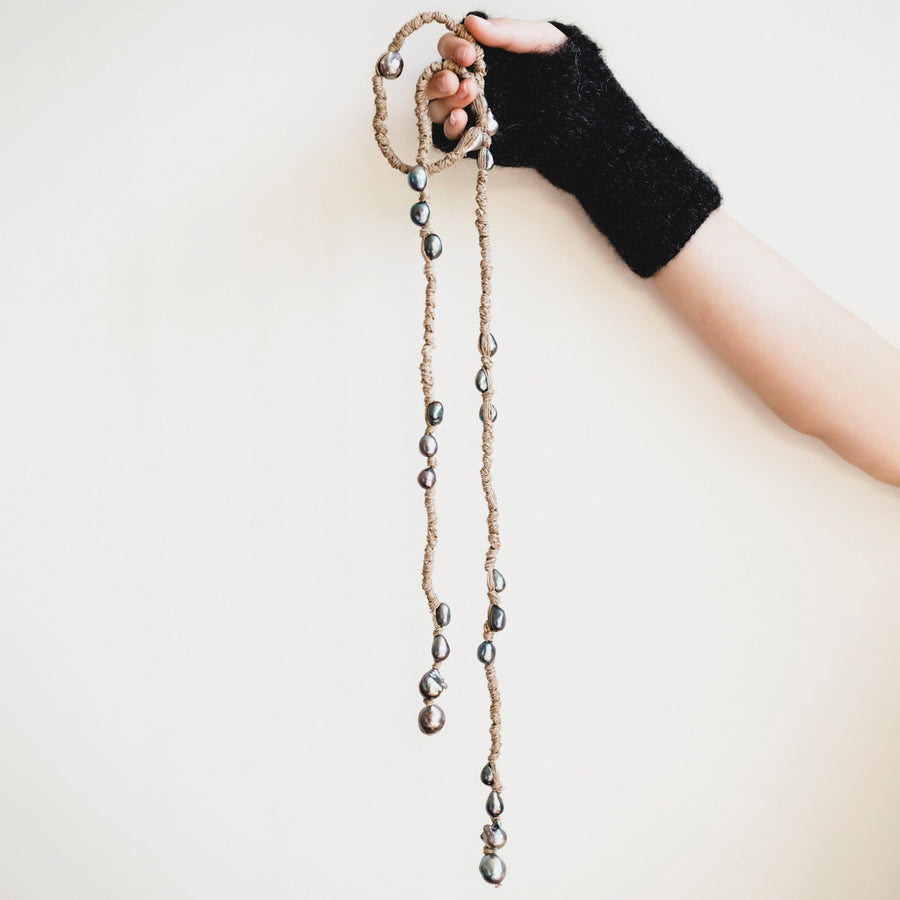 Mela Multi Pearl Linen Wrap Necklace - Silver