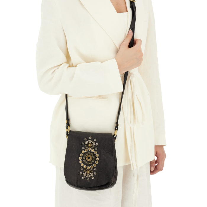 Cross-body Bag Giada in cowhide leather with studs and rhinestones - Moro