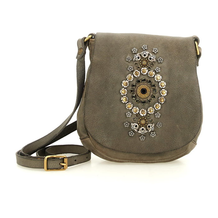 Cross-body Bag Giada in cowhide leather with studs and rhinestones - Grey
