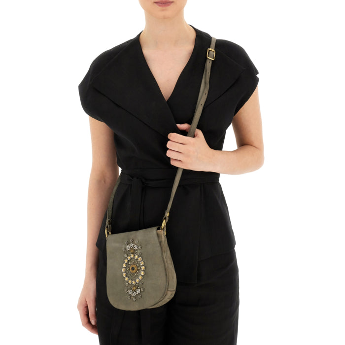 Cross-body Bag Giada in cowhide leather with studs and rhinestones - Grey