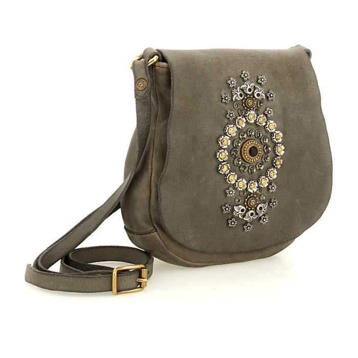 Cross-body Bag Giada in cowhide leather with studs and rhinestones - Grey