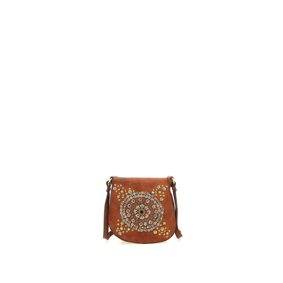 Cross-body Bag Giada in cowhide leather with studs and rhinestones - Cognac