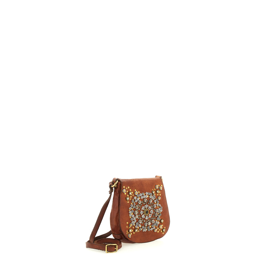 Cross-body Bag Giada in cowhide leather with studs and rhinestones - Cognac