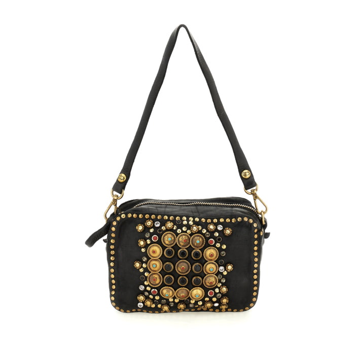 Ribes Camera Bag Kate in garment-dyed cowhide leather with studs and rhinestones - Black