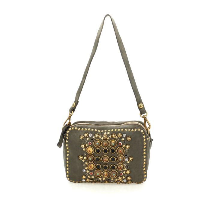 Ribes Camera Bag Kate in garment-dyed cowhide leather with studs and rhinestones - Cement Grey