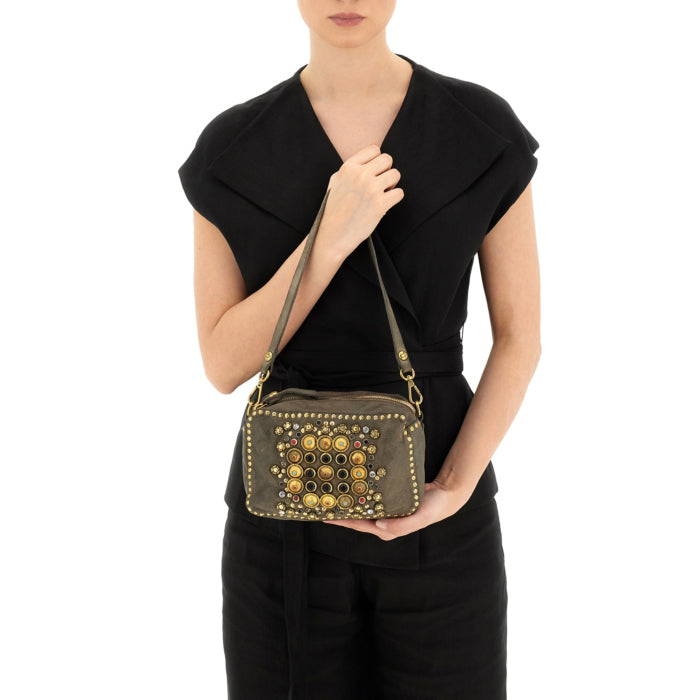 Ribes Camera Bag Kate in garment-dyed cowhide leather with studs and rhinestones - Cement Grey