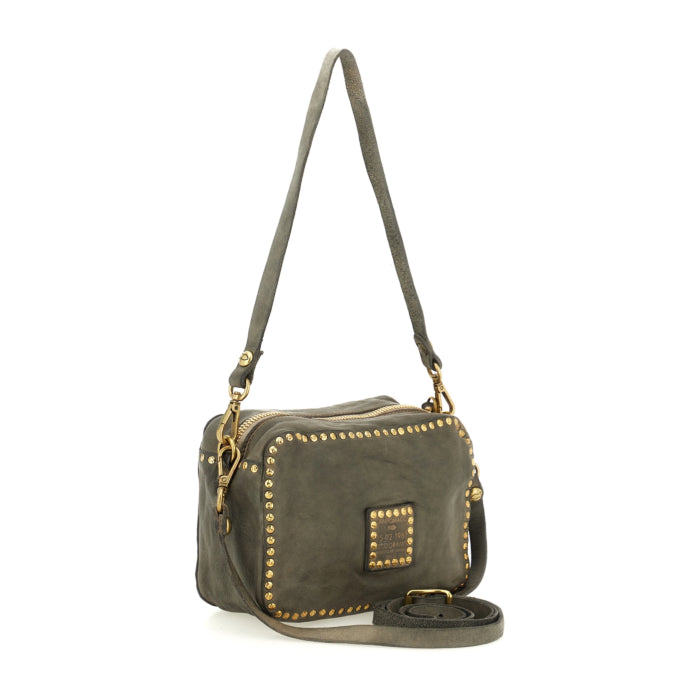 Ribes Camera Bag Kate in garment-dyed cowhide leather with studs and rhinestones - Cement Grey
