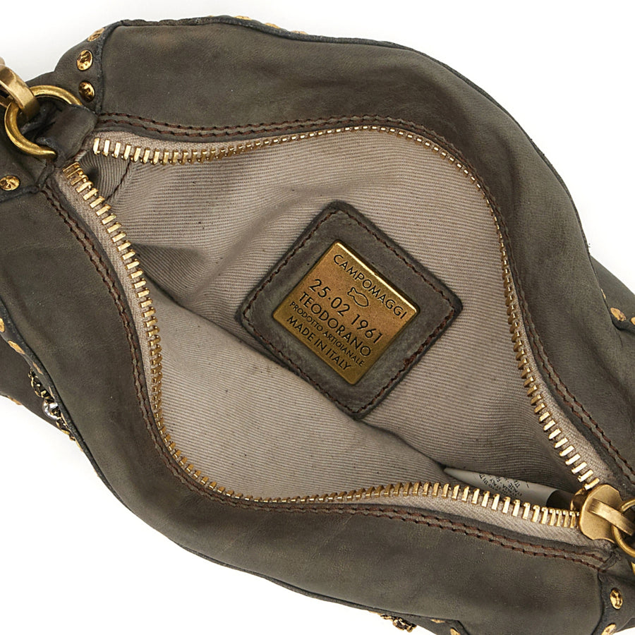 Ribes Camera Bag Kate in garment-dyed cowhide leather with studs and rhinestones - Cement Grey