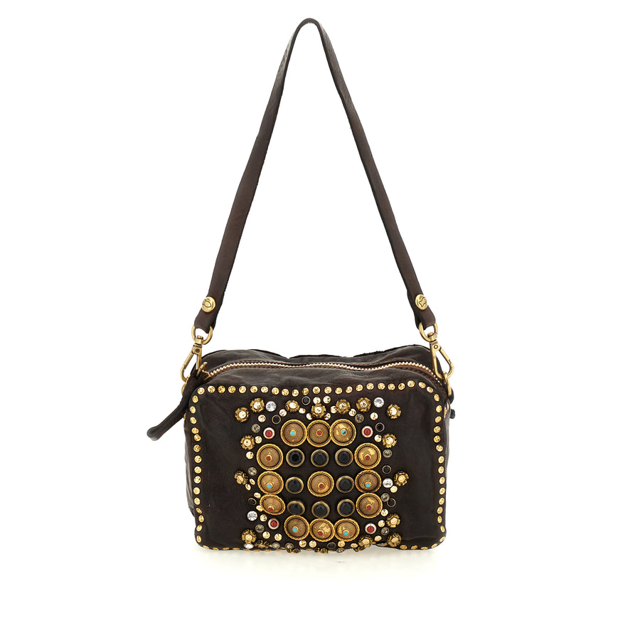 Ribes Camera Bag Kate in garment-dyed cowhide leather with studs and rhinestones - Moro